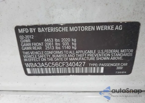 2012 BMW 328I from USA, damaged, VIN WBA3A5C56CF340427